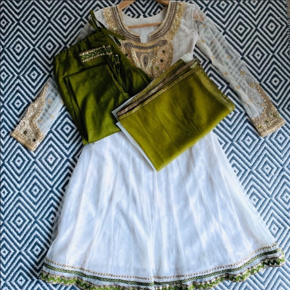 white & green anarkali Kurta w/pants & dupatta.